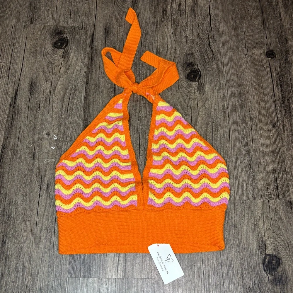 Summer Striped Crochet Halter Crop Top NWT Windsor Size M Moderate Stretch - Picture 2 of 14